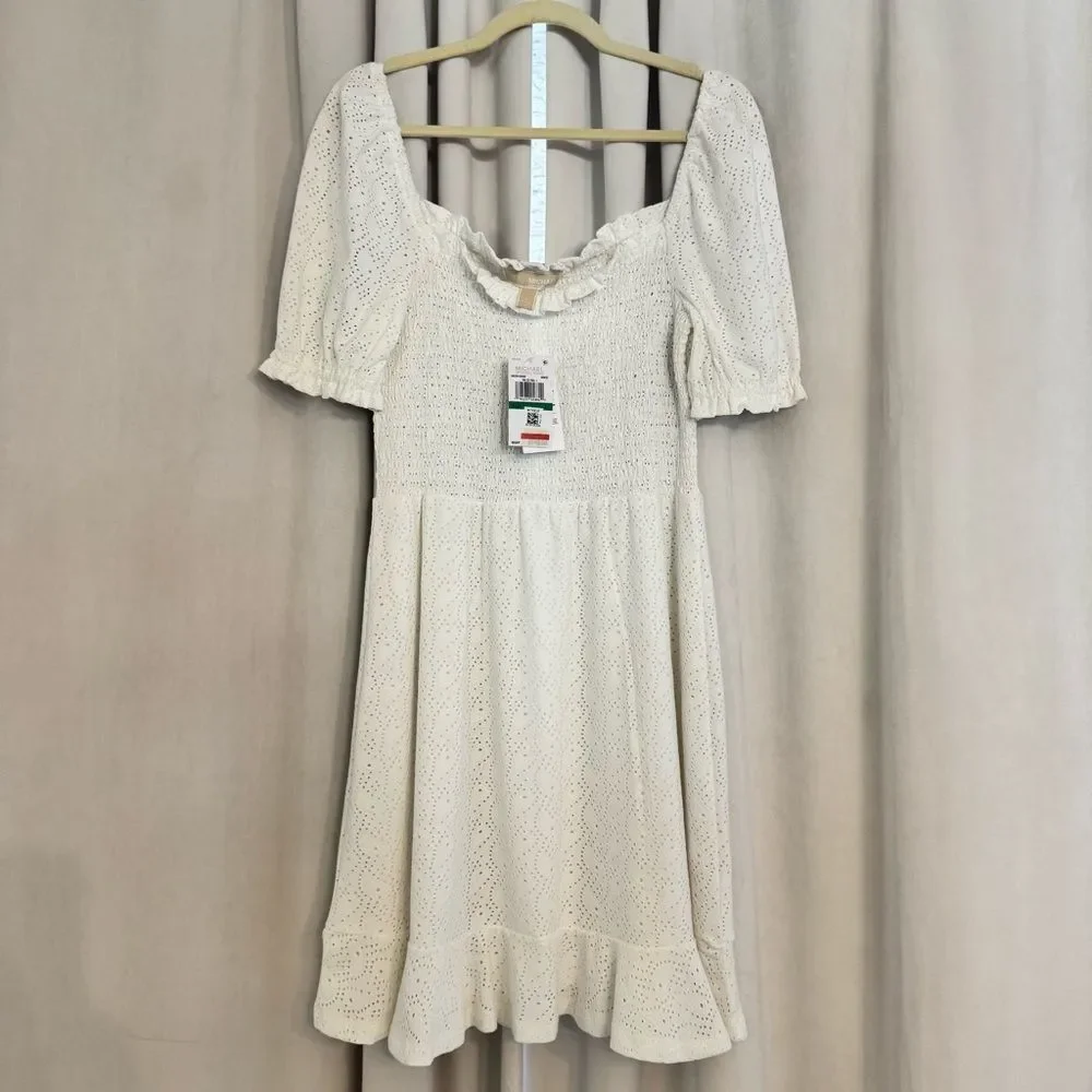 MICHAEL KORS NWT Size L White Eyelet Smocked Puff Sleeve Ruffle Hem Mini Dress